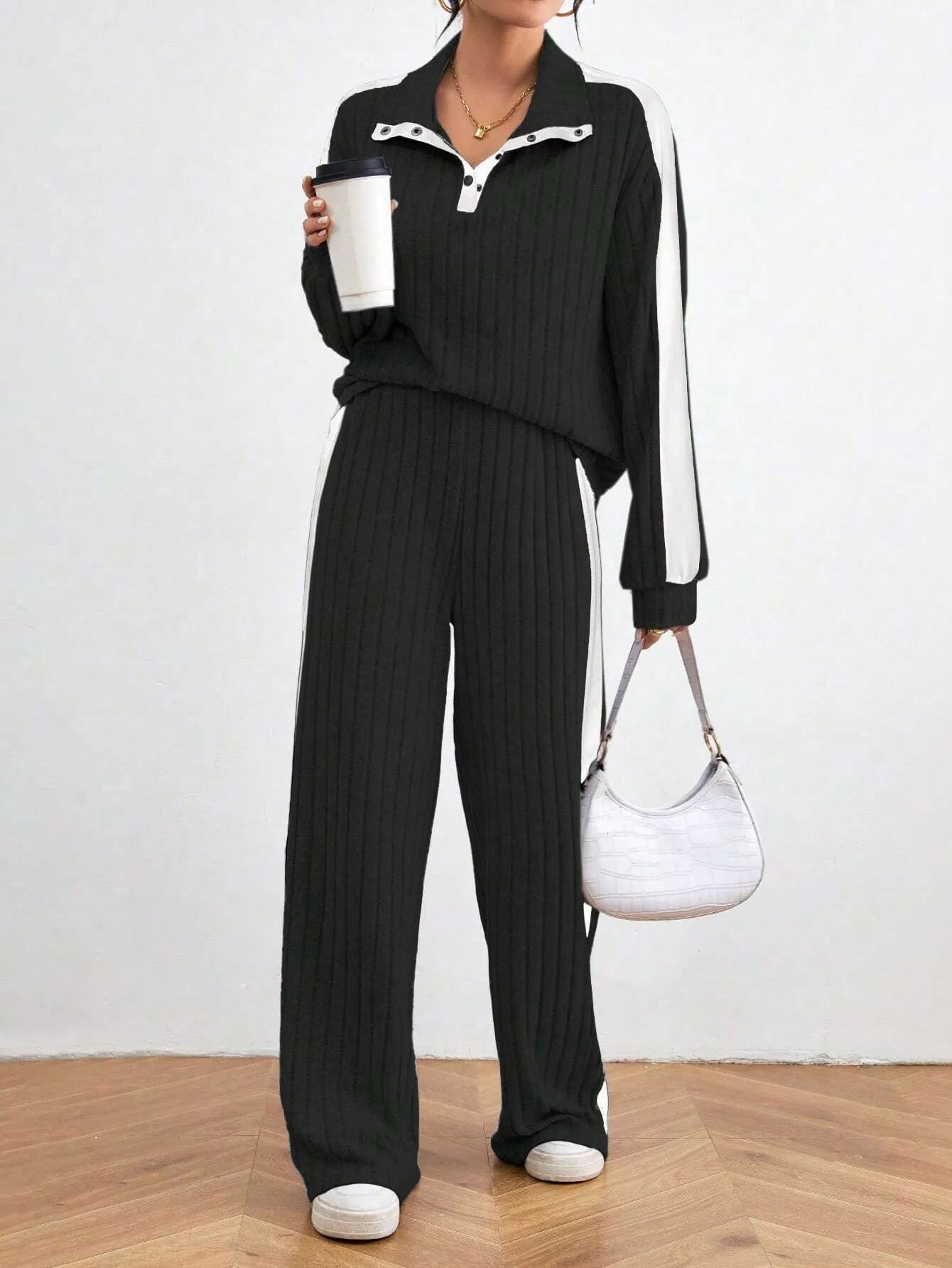 Ribbed Contrast Dropped Shoulder Top and Pants Set Black OutfitFlow
