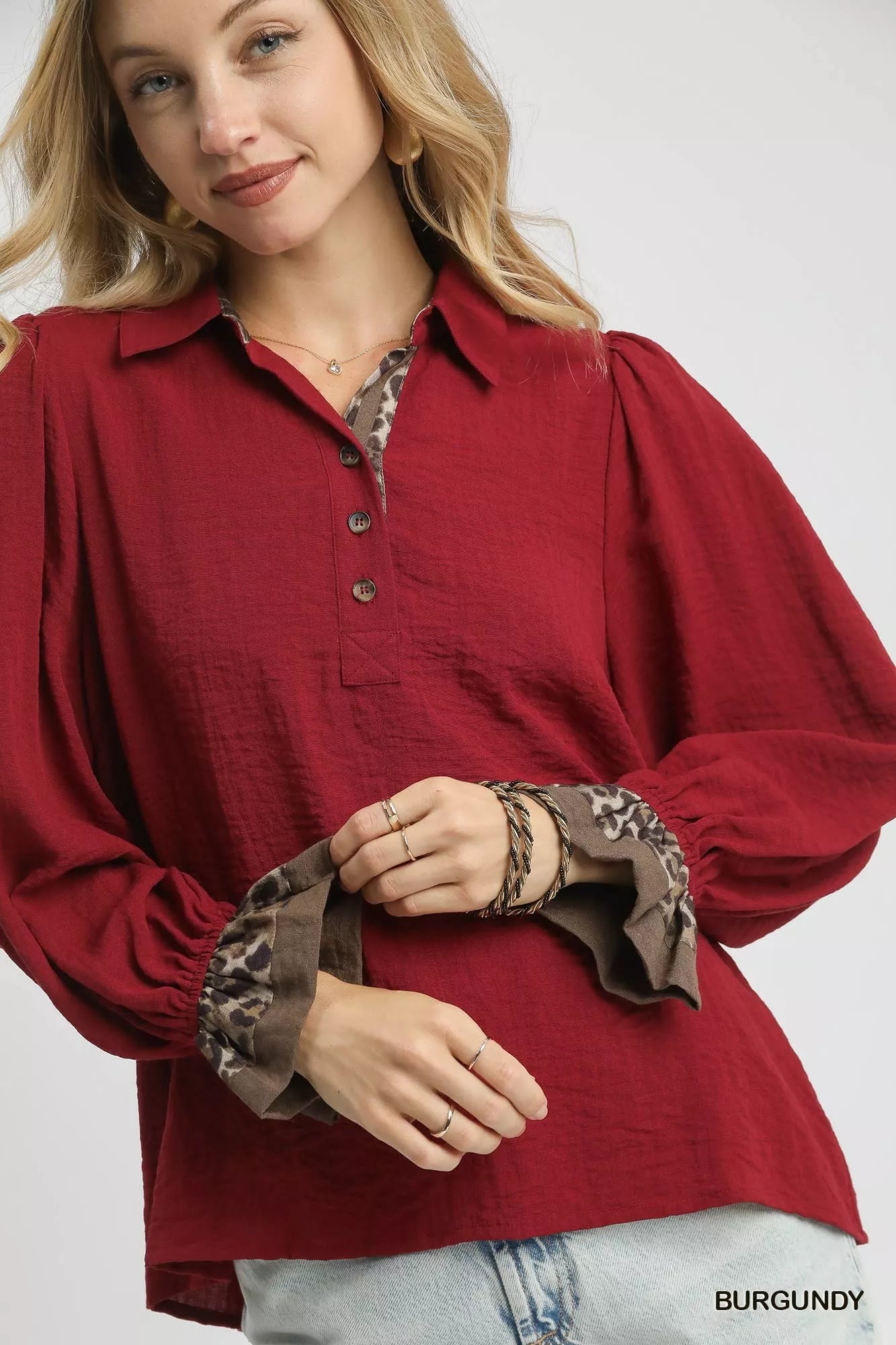 Umgee Half Button Blouse with Leopard Print Trim OutfitFlow