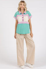 Mittoshop Color Block Henley Short Sleeve Polo Shirt OutfitFlow