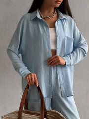 Button Up Long Sleeve Shirt and Pants Set OutfitFlow