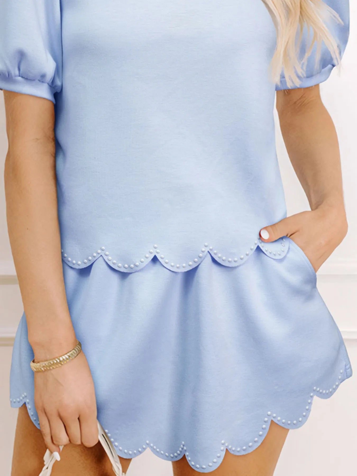 Puff Sleeve Pearl Embellished Scallop Trim Top and Skort Set OutfitFlow