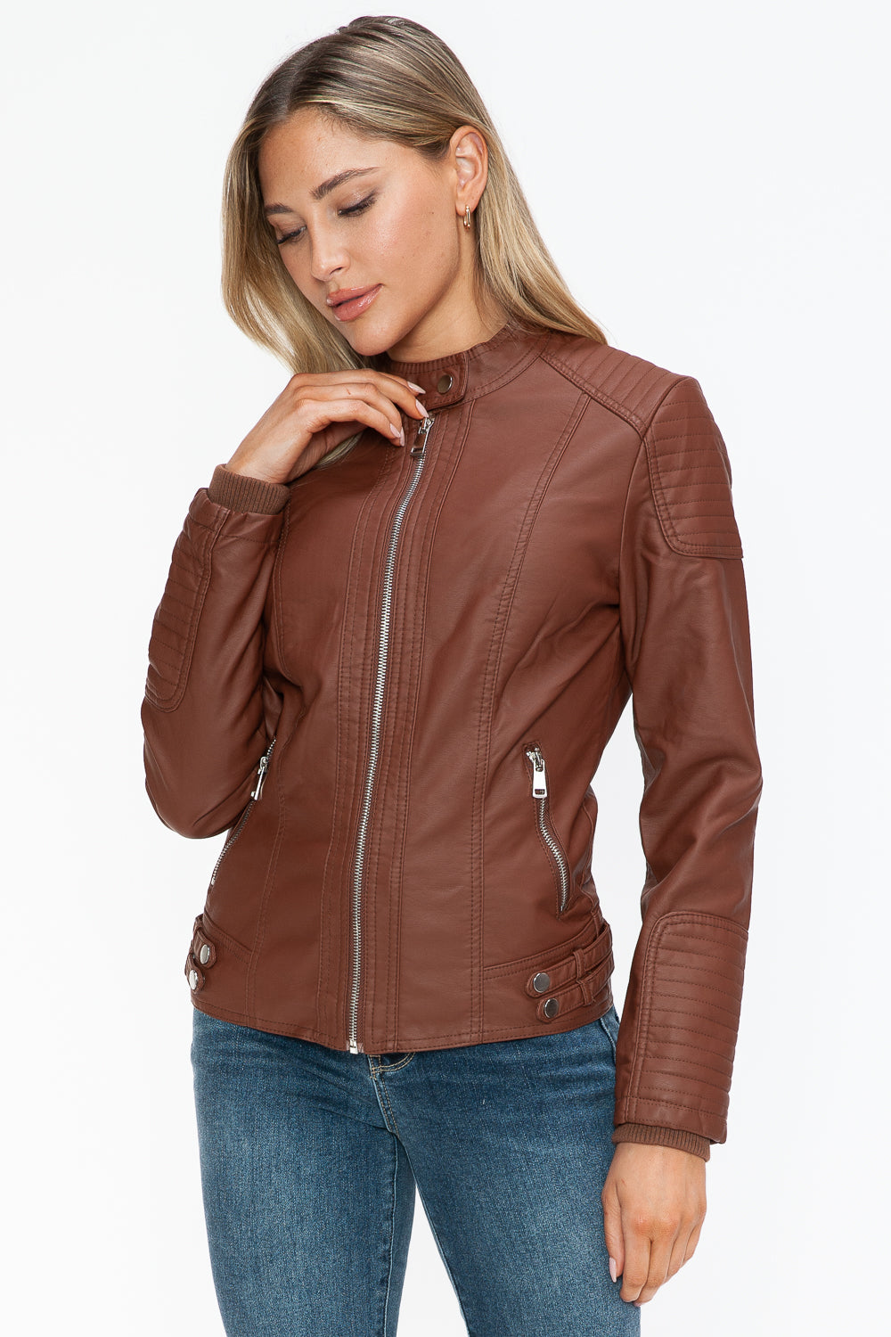 Outfit Flow - Snobbish Faux Leather Biker Jacket with Side Zip Pockets