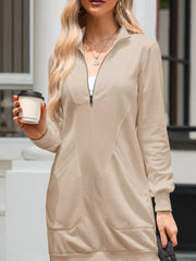 Zip Up Collared Ribbed Patchwork Sweatshirt Dress with Pockets OutfitFlow