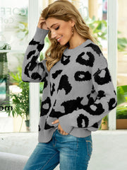 Drop Shoulder Leopard Pullover Sweater