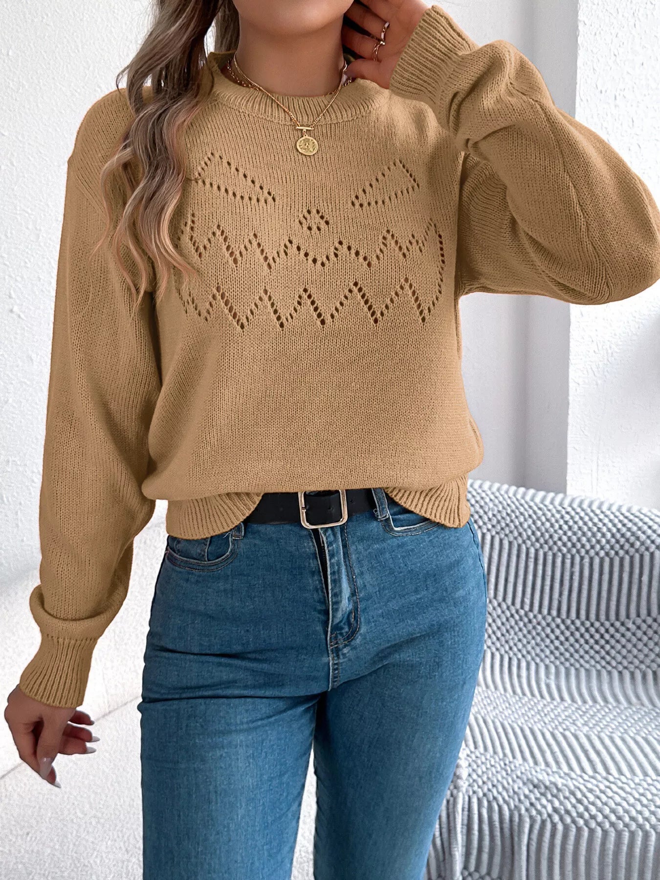 Openwork Round Neck Long Sleeve Sweater OutfitFlow