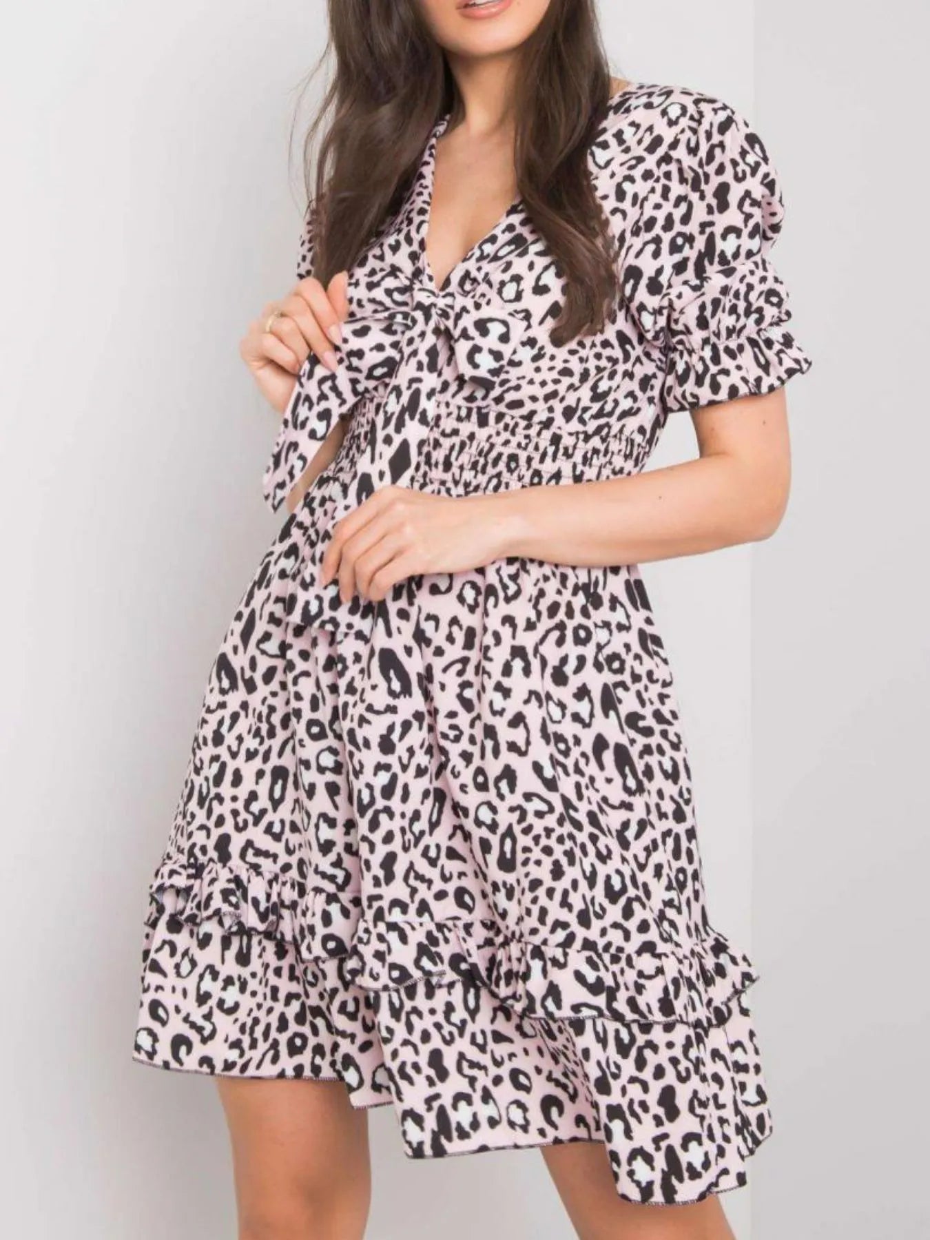 Leopard Print Tie Front Short Sleeve Mini Dress Pale Blush OutfitFlow