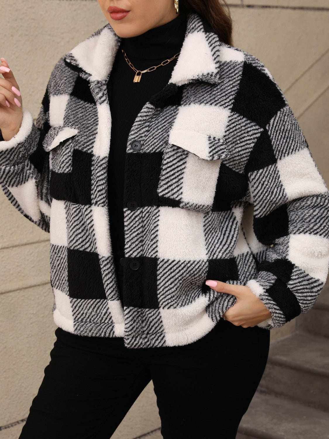 Outfit Flow - Plus Size Pocketed Plaid Collared Neck Jacket