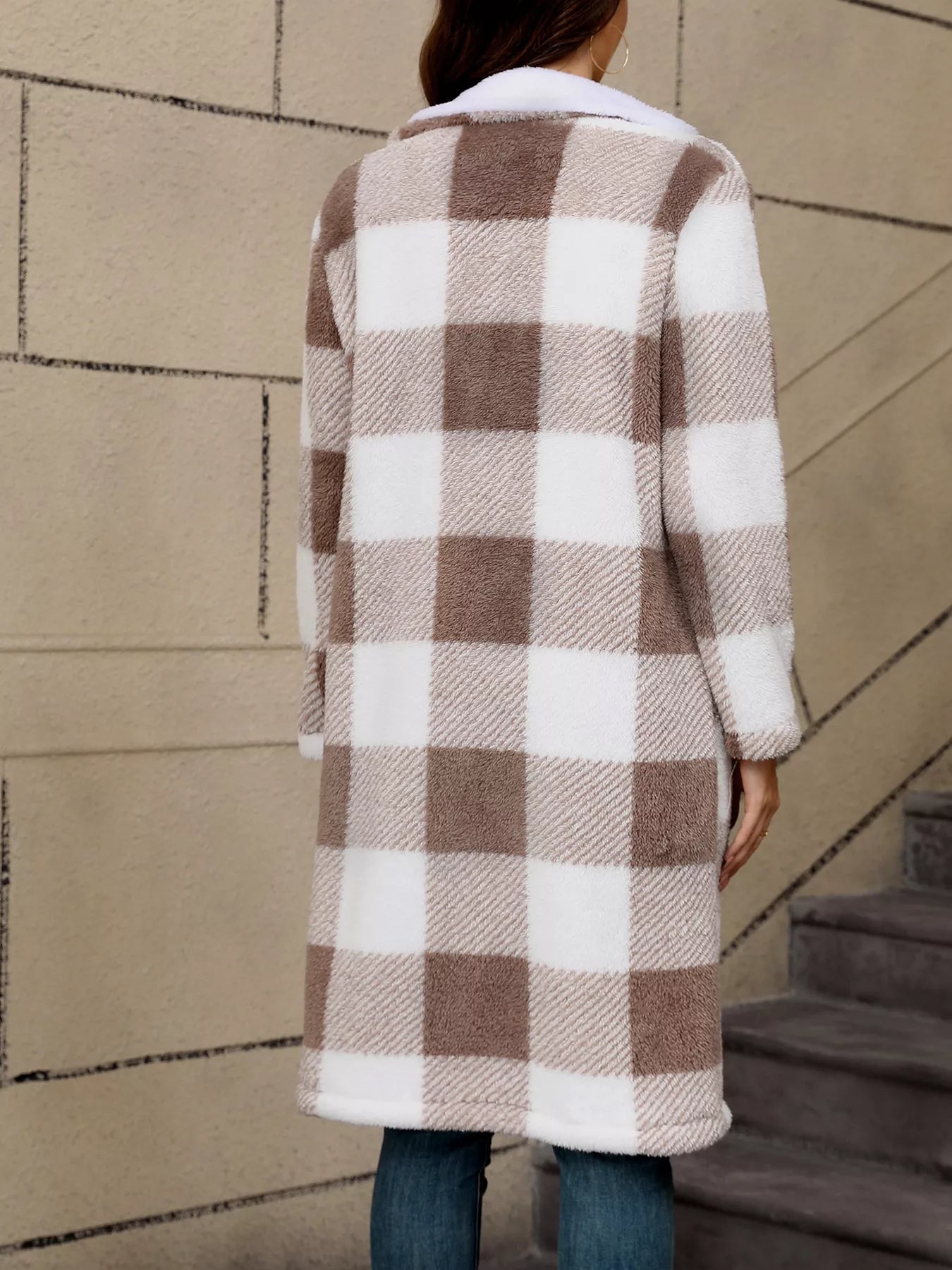 Cozy Plaid Fleece Longline Winter Coat OutfitFlow