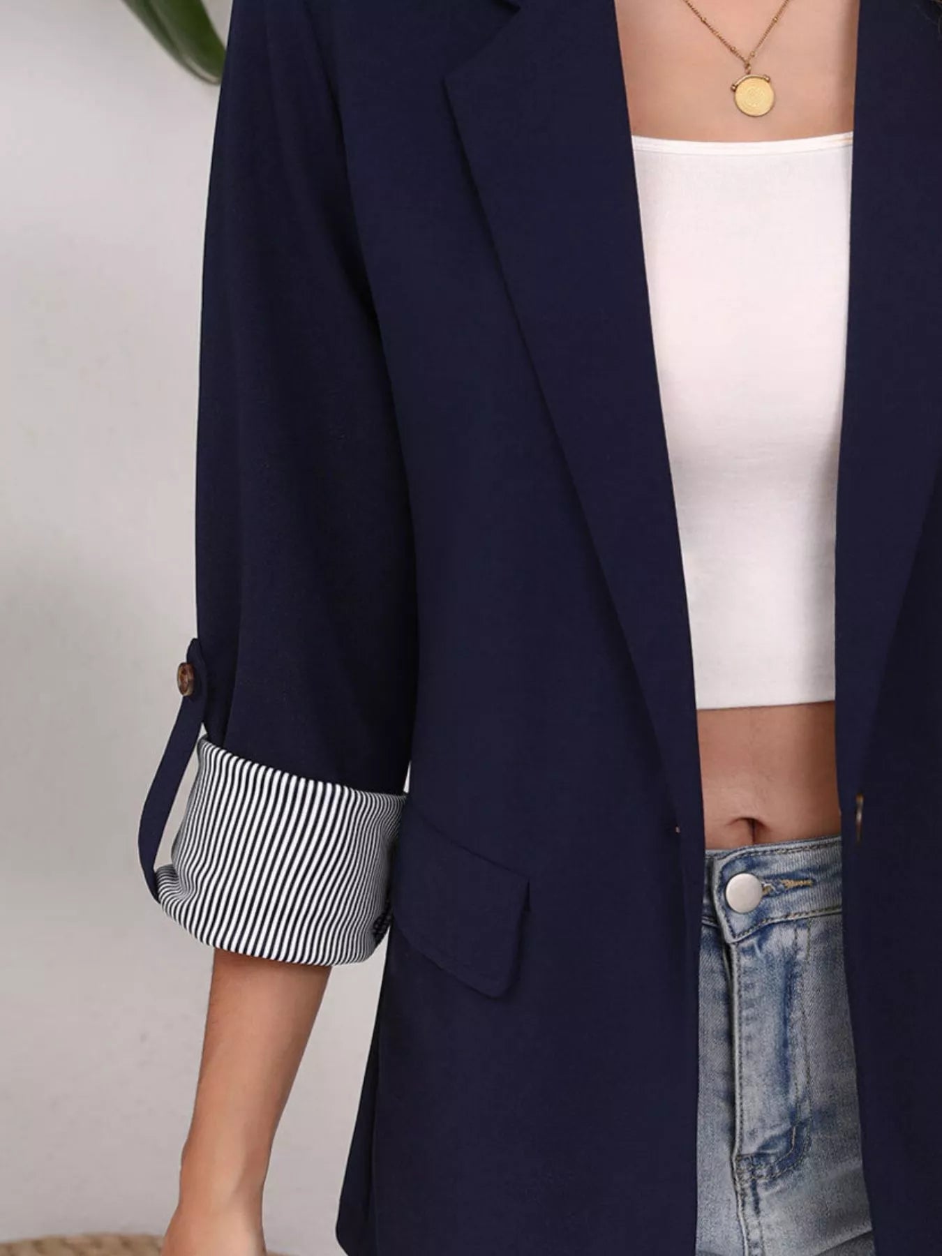 Lapel Collar Roll-Up Sleeve Blazer OutfitFlow