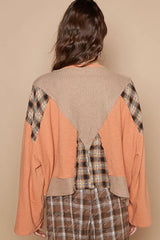 POL V-Neck Long Sleeve Plaid Contrast Top with Texture Knit Detail OutfitFlow