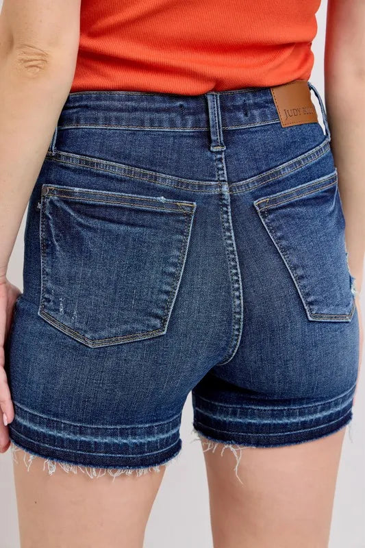 Judy Blue Full Size High Waist Tummy Control Destroy Release Hem Denim Shorts Plus Size OutfitFlow