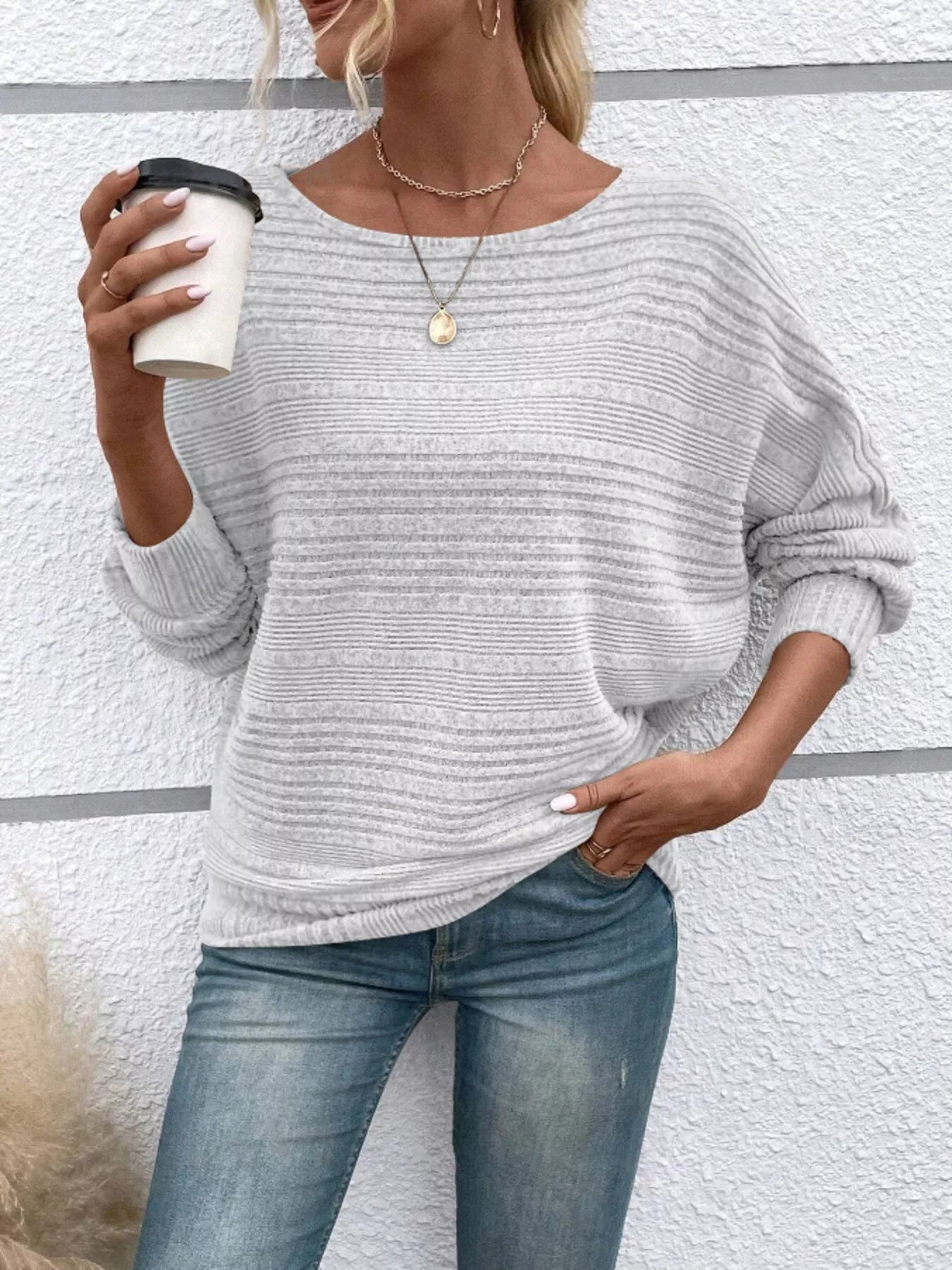 Ribbed Round Neck Long Sleeve Top OutfitFlow