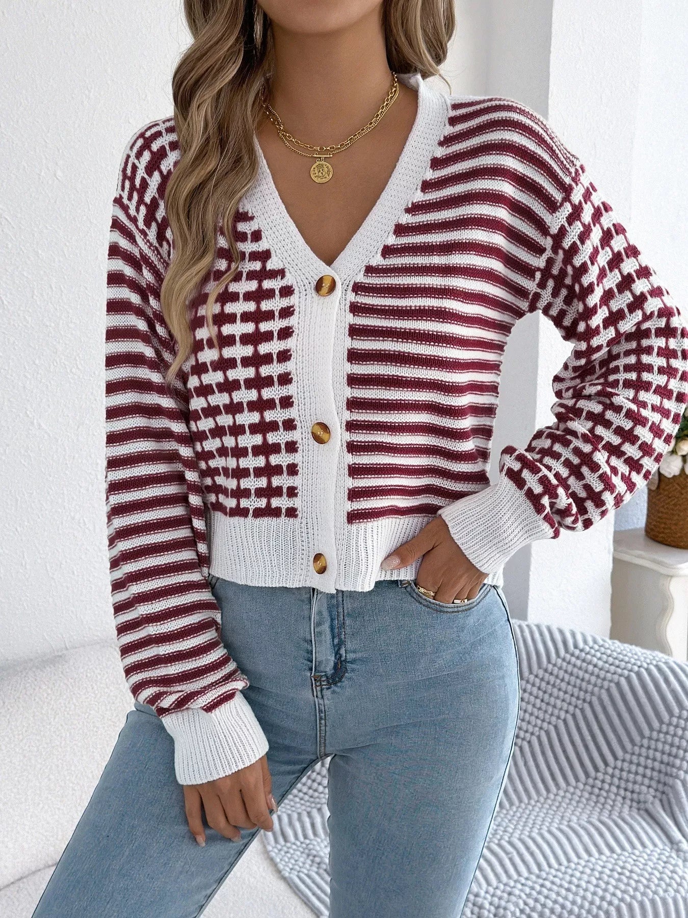 Striped Button-Up Cropped Cardigan OutfitFlow
