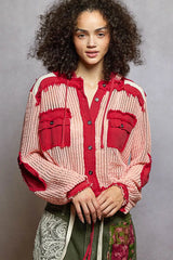 POL Texture Woven Button Down Hooded Shirt with Drawstring Hem BLUSH RED MULTI OutfitFlow
