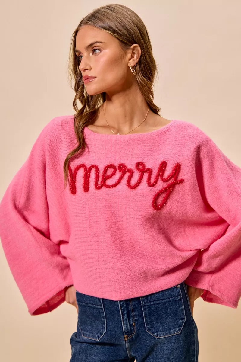 SO ME Merry Tinsel Lettering Christmas Sweater Top OutfitFlow
