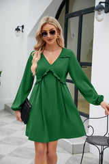 Frill Trim V-Neck Long Sleeve Dress OutfitFlow
