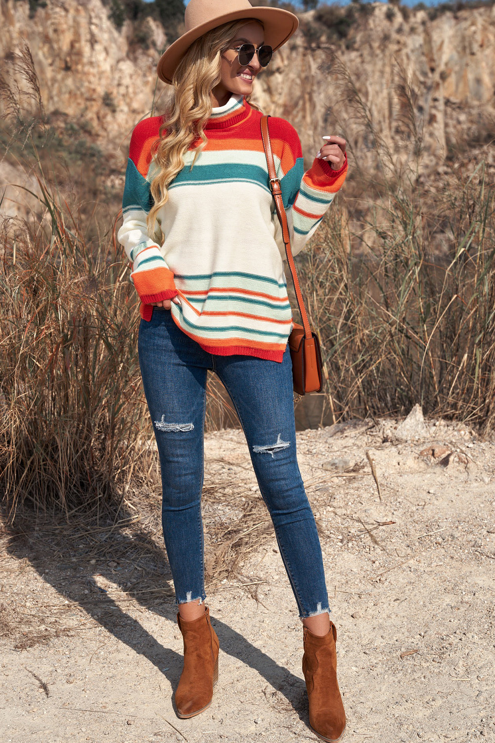 Outfit Flow - Contrast Striped Turtleneck Dropped Shoulder Sweater