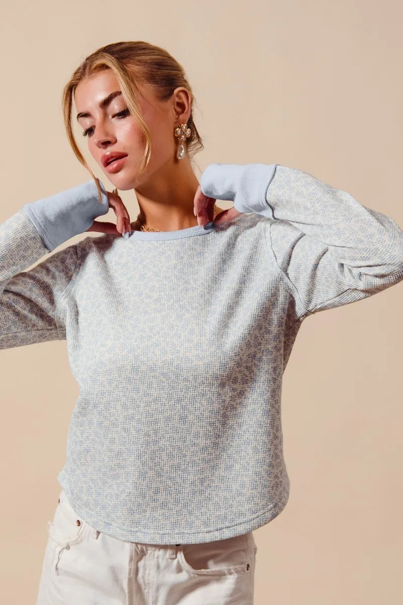 SO ME Textued Floral Knit Top with Contrast Cuffs OutfitFlow