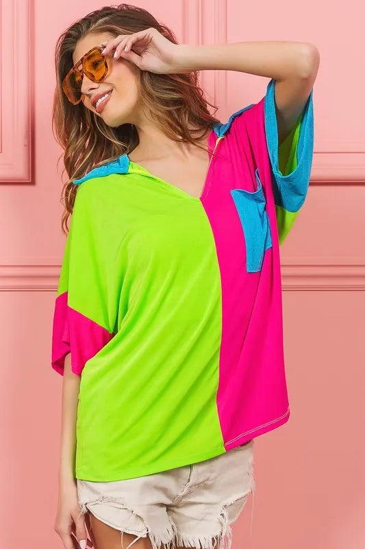 BiBi Slinky Knit Color Block V Neck Front Top OutfitFlow