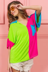 BiBi Slinky Knit Color Block V Neck Front Top OutfitFlow