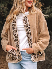 Casual Leopard Print Accent Plush Jacket with Pockets Camel OutfitFlow