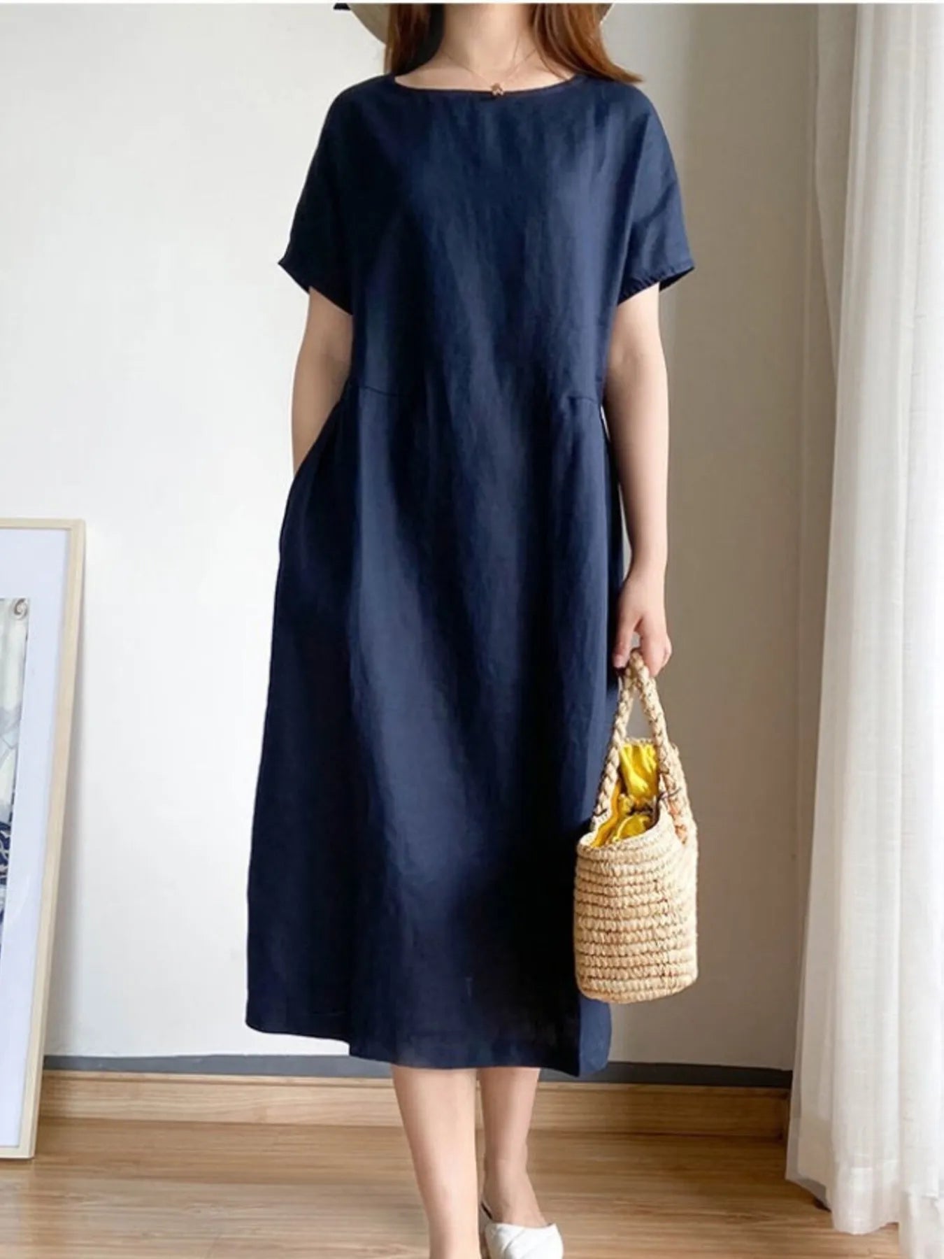 Full Size Casual Round Neck Midi Dress Plus Size OutfitFlow