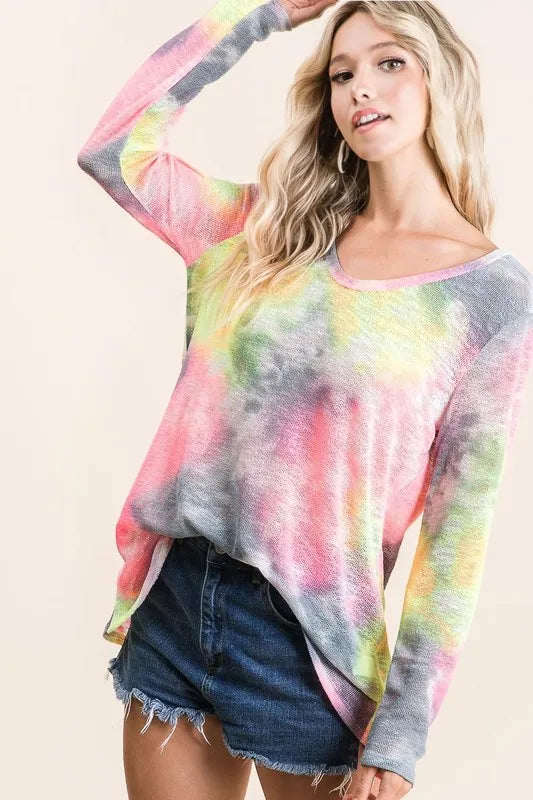 BiBi Tie Dye Print Low Gauge Knit Top OutfitFlow