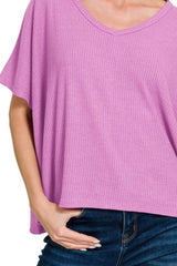Zenana Ribbed V-Neck Short-Sleeve Knit Top OutfitFlow