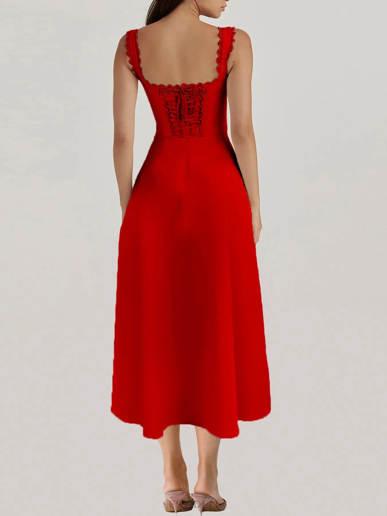 Scalloped V-Neck Midi Dress with Back Lace-Up OutfitFlow