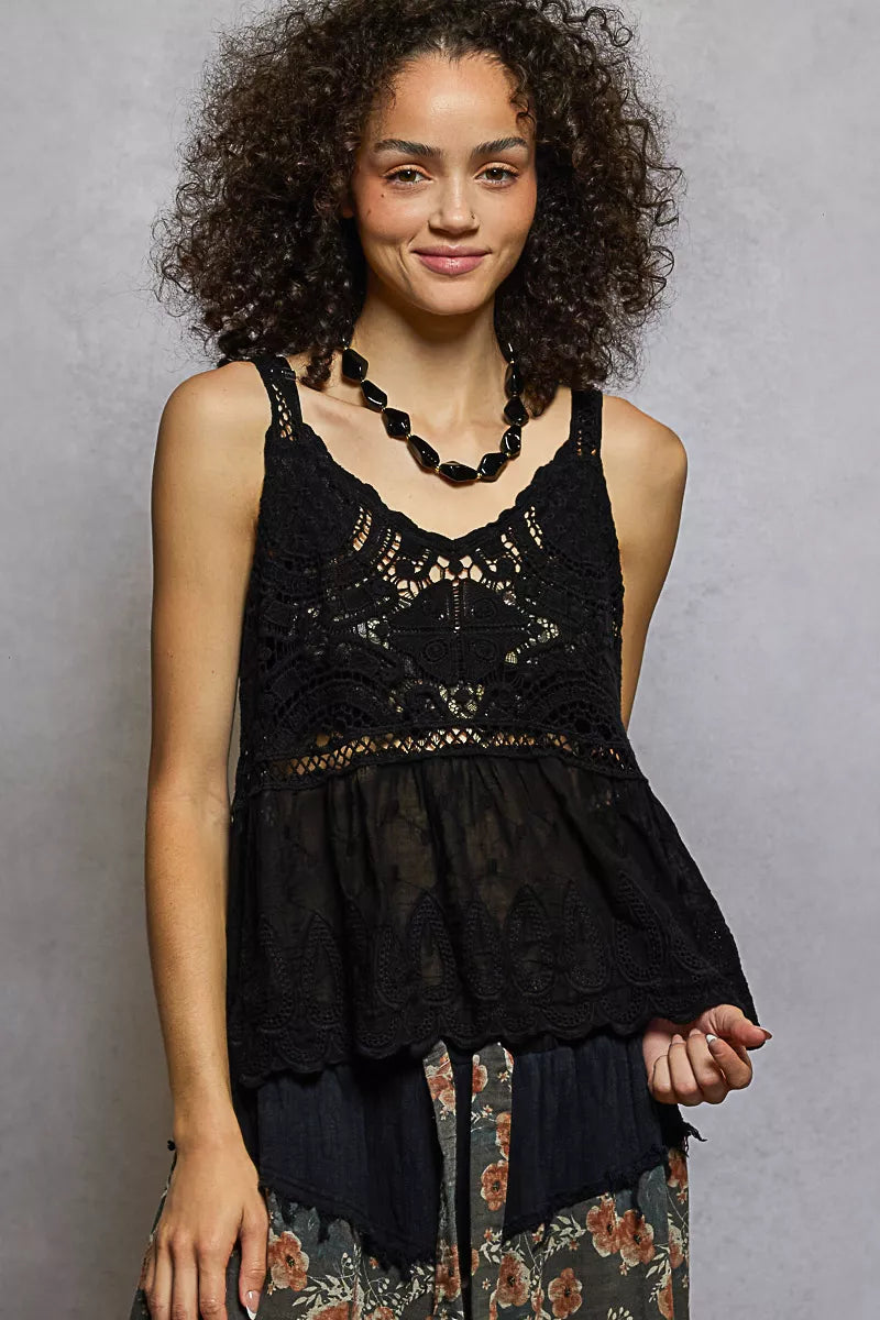 POL V-Neck Crochet Tank with Floral Embroidery Detail OutfitFlow
