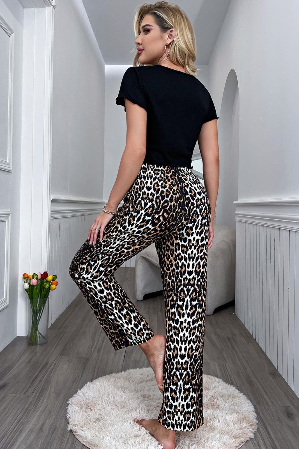 Outfit Flow - Lettuce Trim Cropped T-Shirt and Leopard Pants Lounge Set