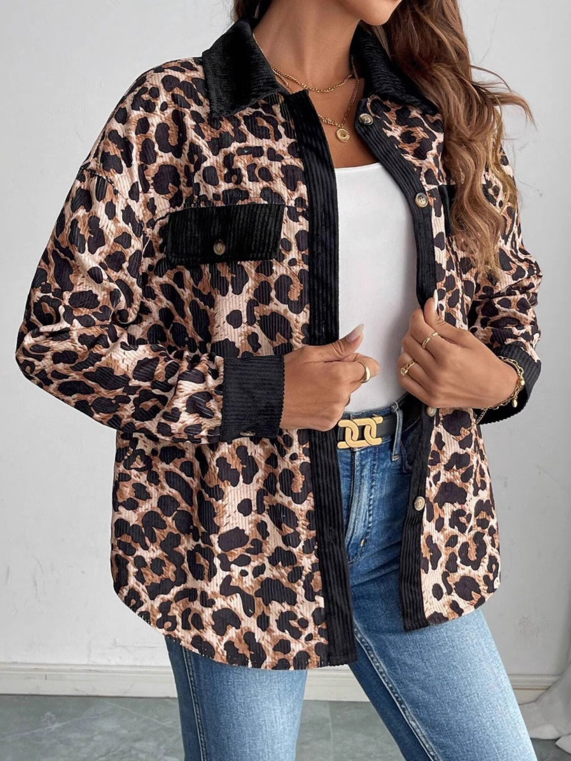 Outfit Flow - Leopard Collared Neck Button Up Jackets