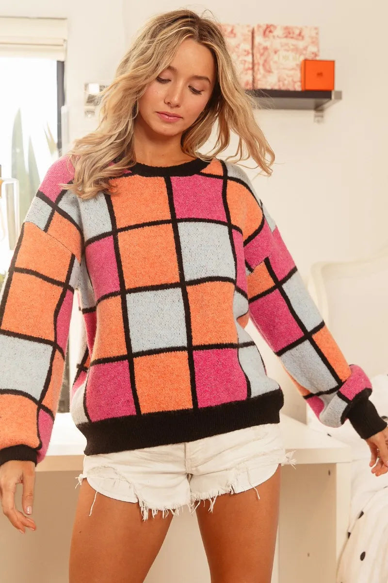 BiBi Multi Color Checker Pattern Sweater OutfitFlow