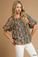 Umgee Boho Floral Stripe Puff Sleeve Blouse Green OutfitFlow