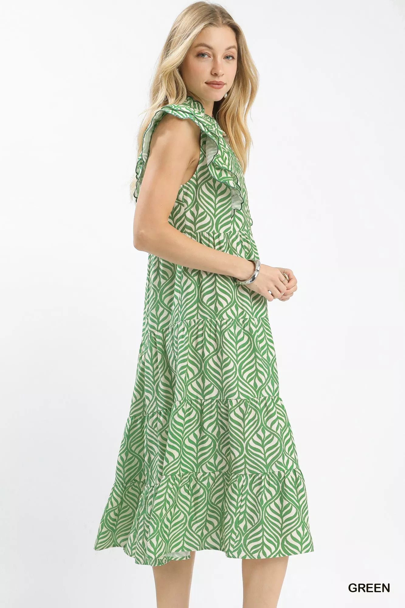 Umgee Leaf Print Tiered Midi Dress with Ruffle Detail OutfitFlow
