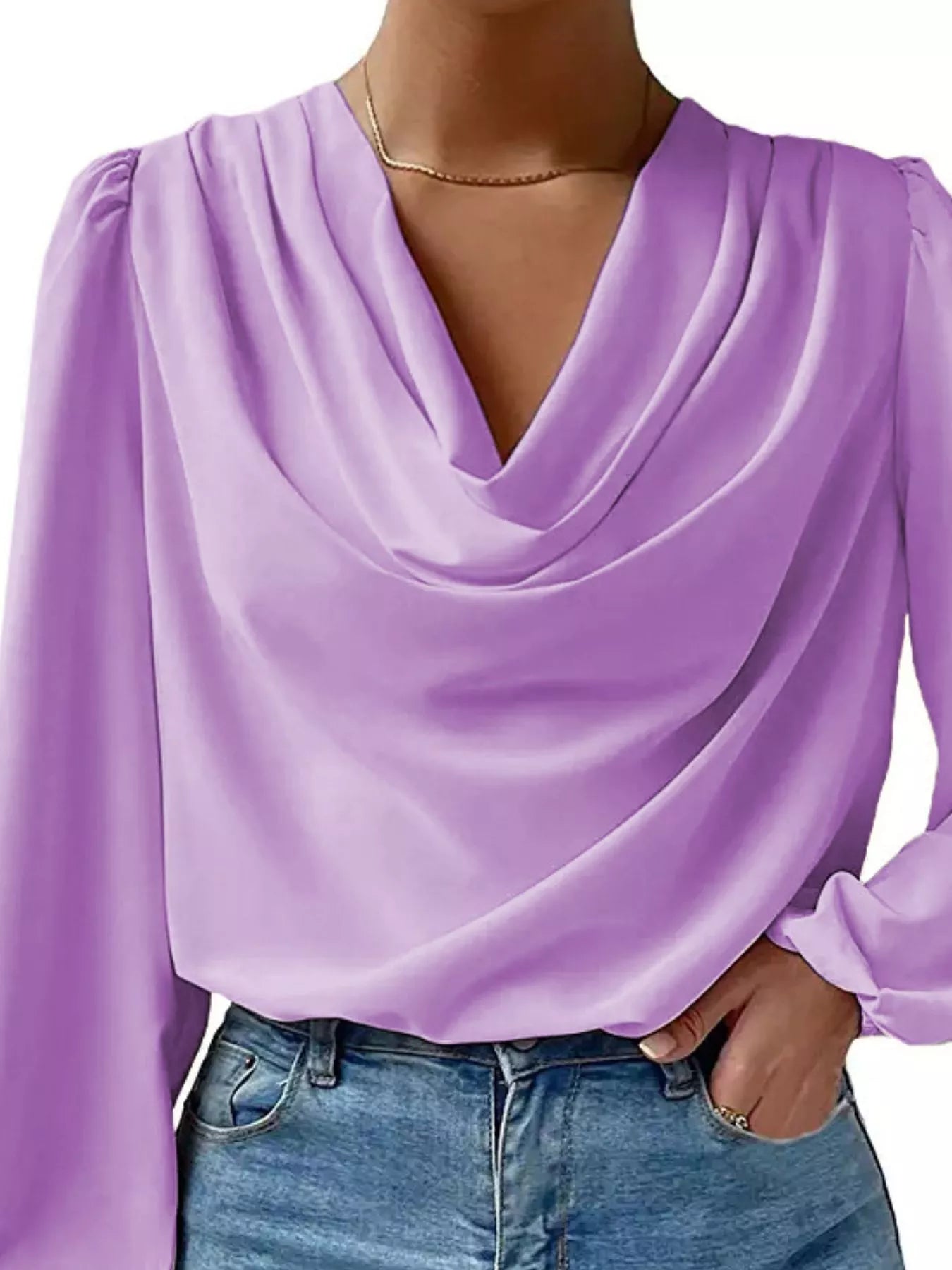 Full Size Cowl Neck Balloon Sleeve Blouse Plus Size Purple OutfitFlow