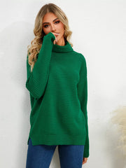Slit Turtleneck Dropped Shoulder Sweater Trendsi