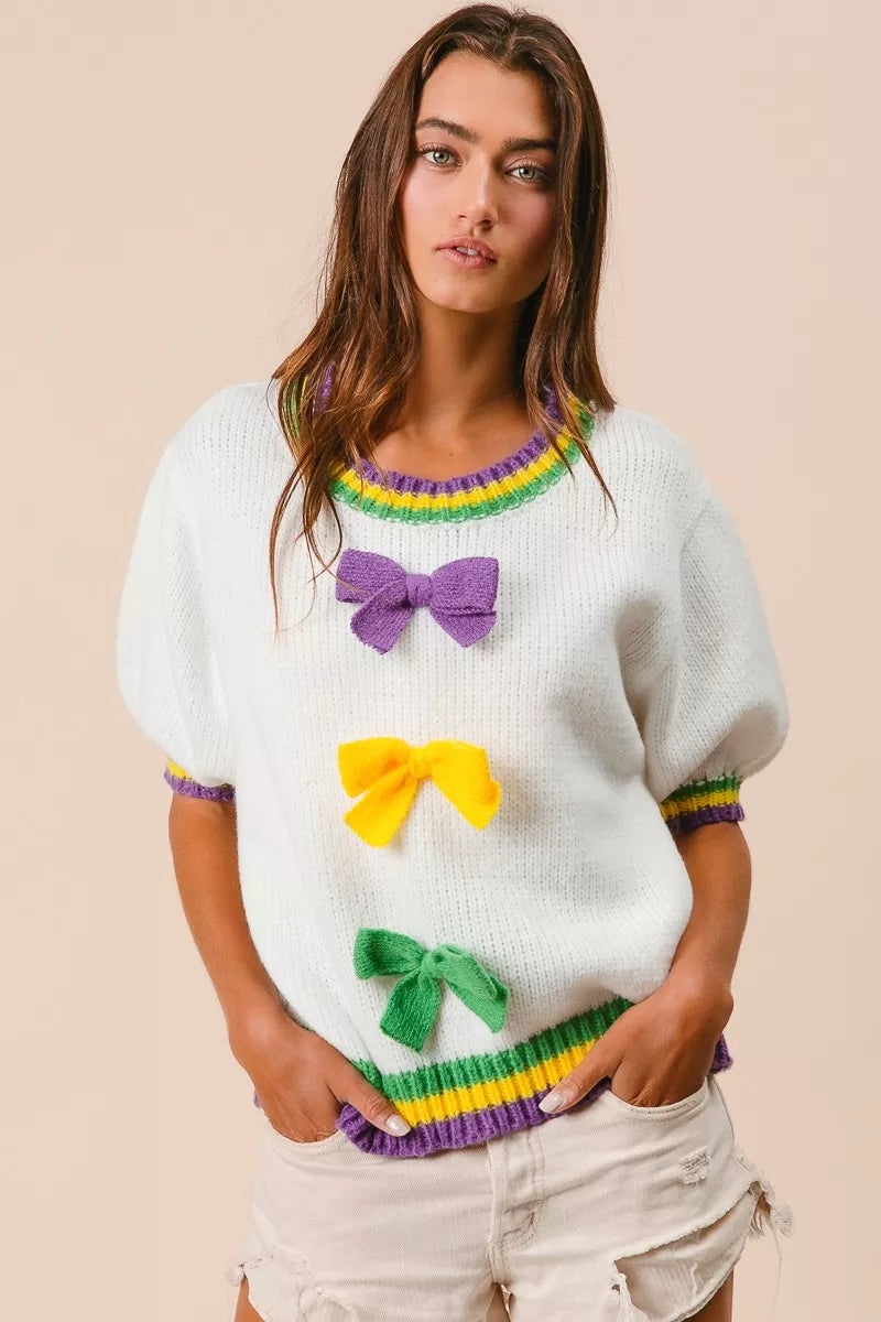 BiBi Short Puff Sleeve Ribbon Bow Mardi Gras Sweater OutfitFlow