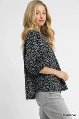 Umgee Leopard Print Jacquard Blouse with Puff Sleeves OutfitFlow