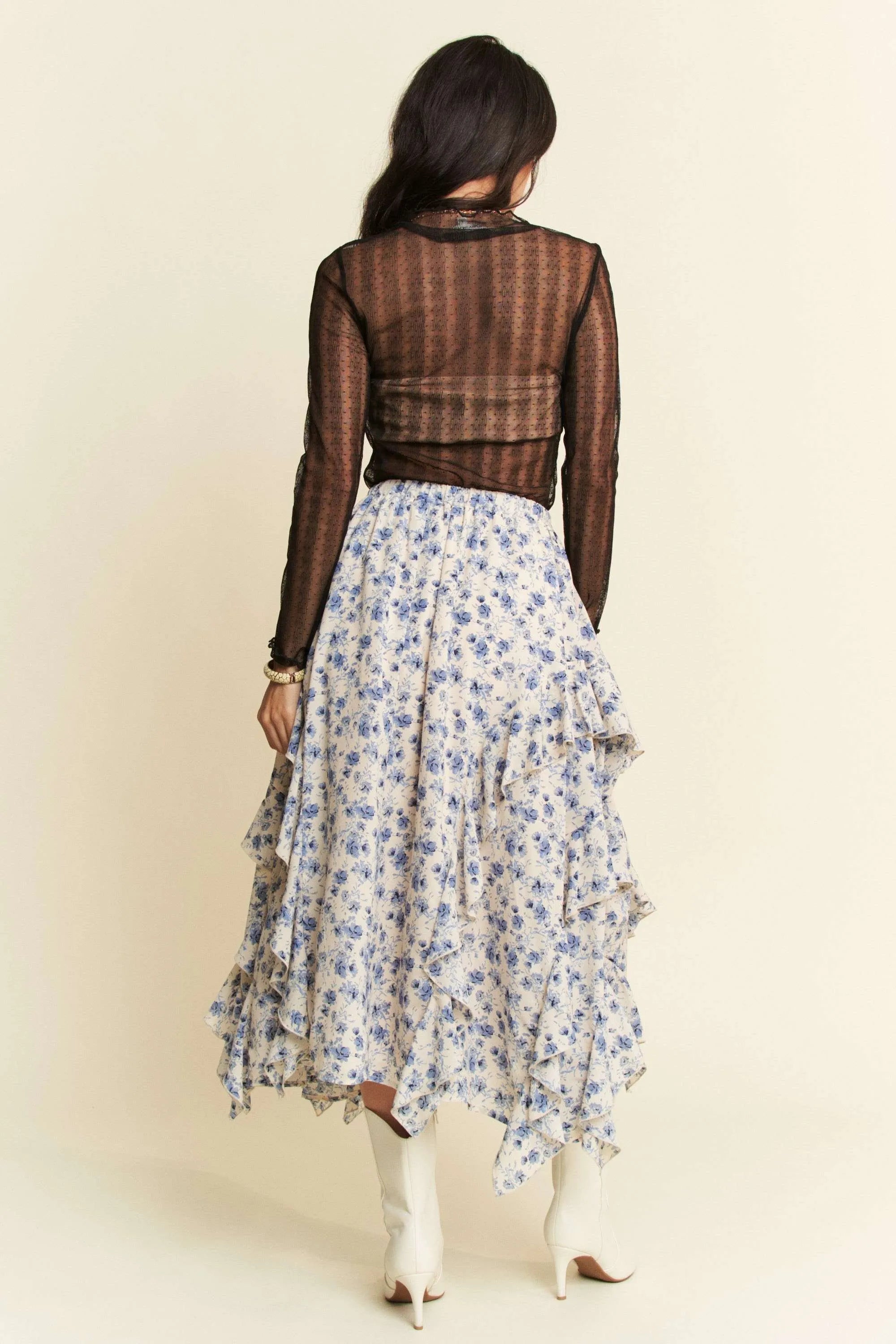 Davi & Dani Turtle Neck Lace Dotted Stretch Mesh Sheer Top OutfitFlow