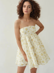 Strapless Floral Print Summer Dress Pastel Yellow OutfitFlow