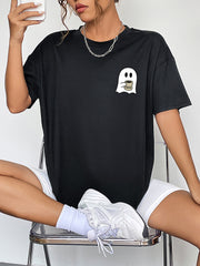 Round Neck Short Sleeve Ghost Graphic T-Shirt Black OutfitFlow