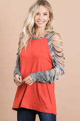 BiBi Jersey Knit Top with Camouflage Laser Cut Sleeves OutfitFlow
