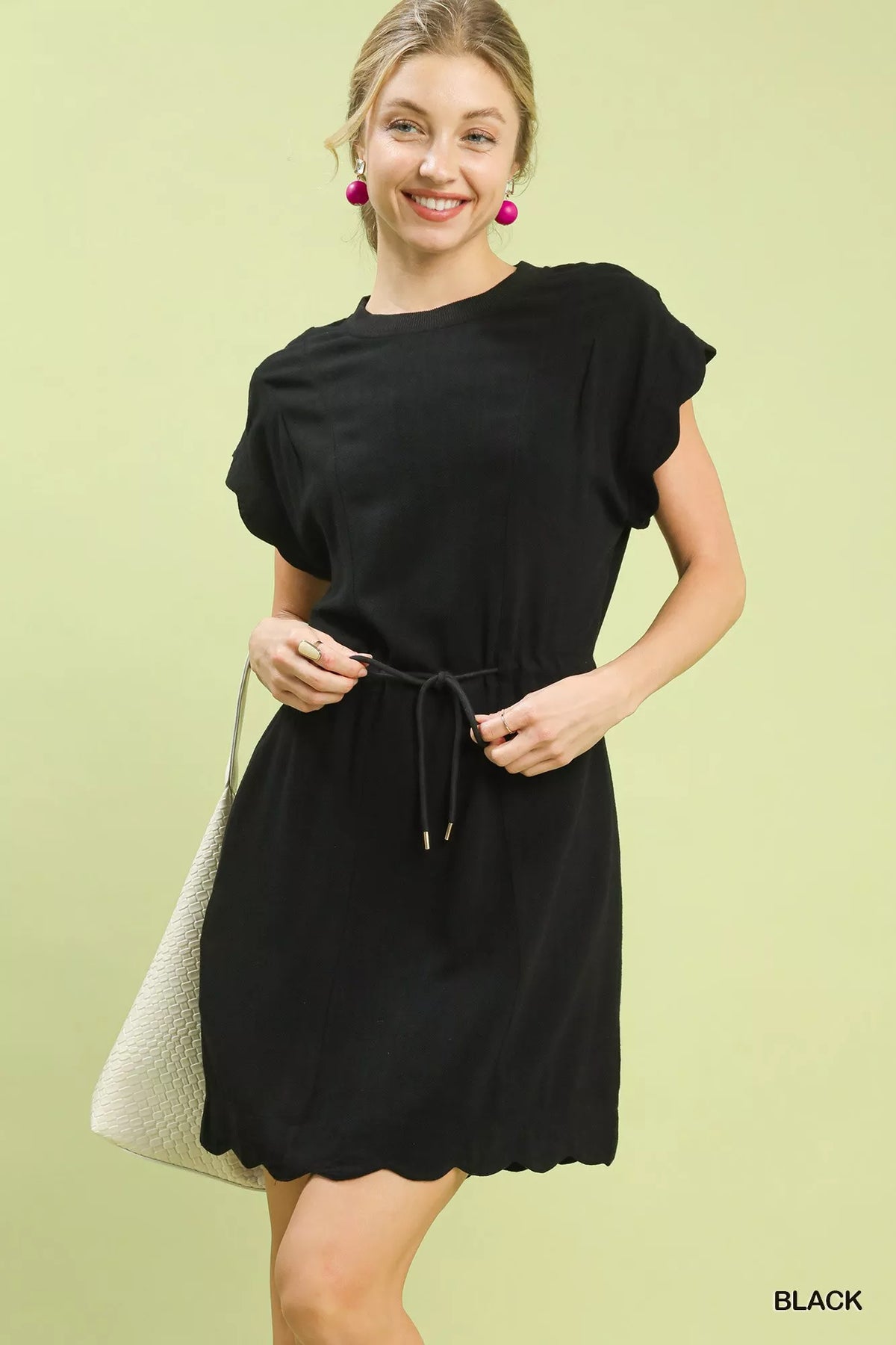 Umgee Linen Blend Scallop Hem Mini Dress BLACK Trendsi