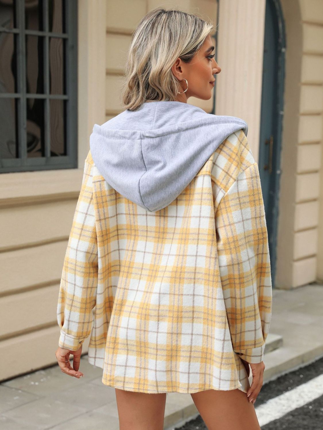 Drawstring Plaid Button Up Hooded Jacket