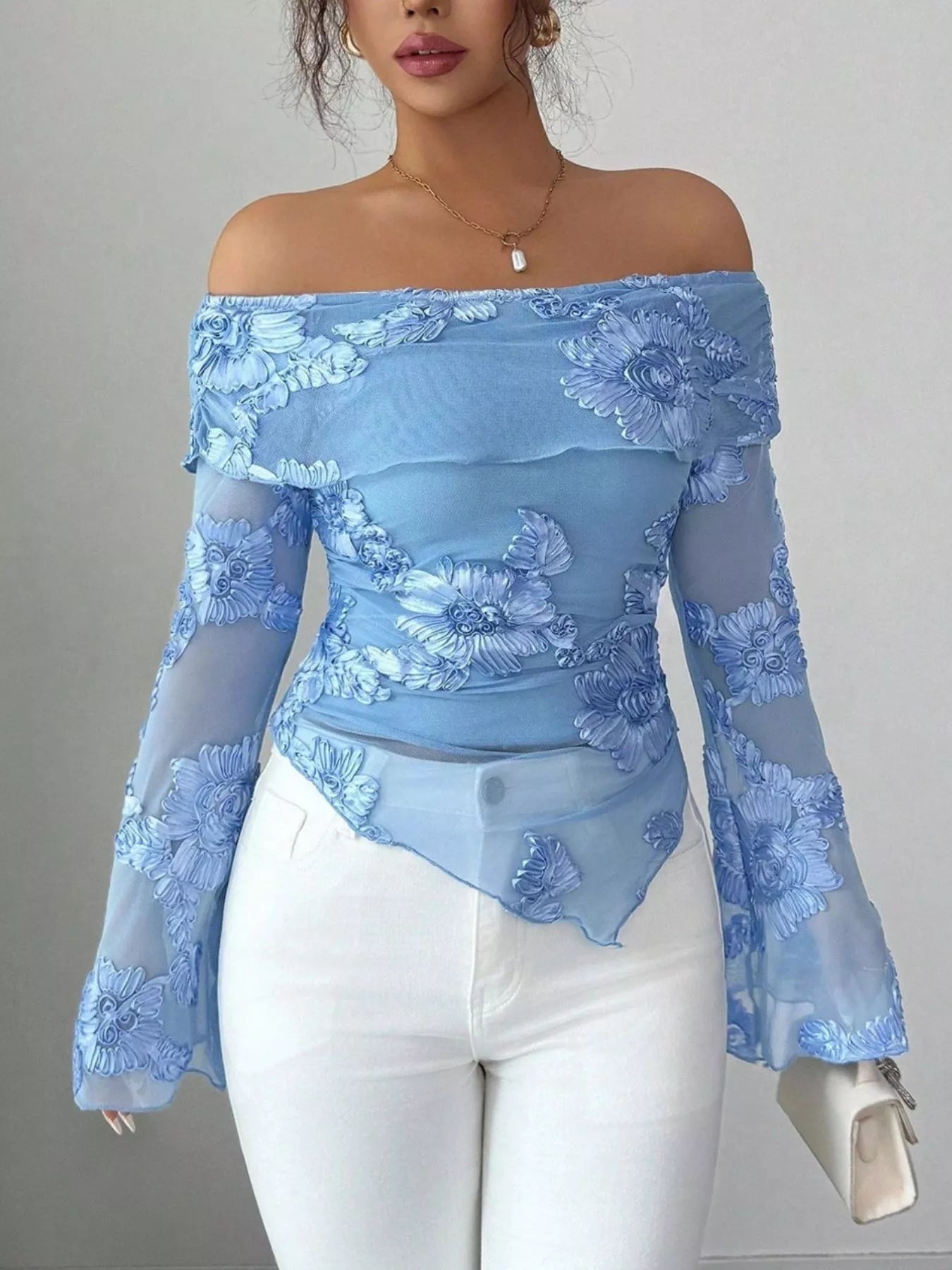 Floral Off-Shoulder Mesh Blouse Sky Blue OutfitFlow