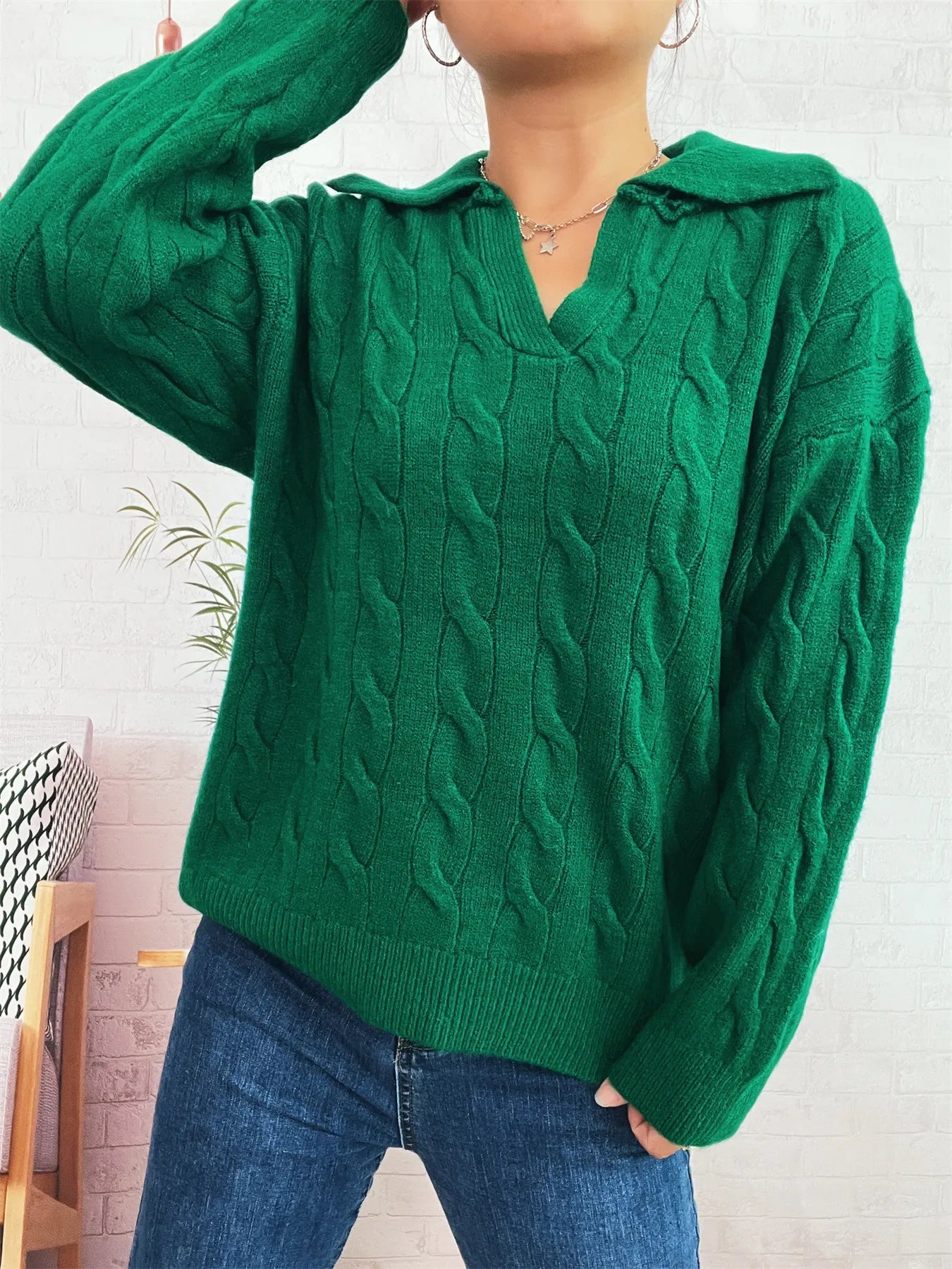 Cable Knit Johnny Collar Sweater Trendsi