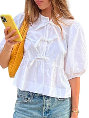 Puff Sleeve Bow Tie Blouse OutfitFlow