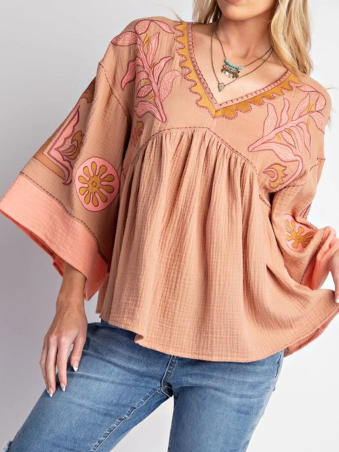 Printed V-Neck Top with Contrast Trim Details OutfitFlow
