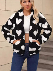 Heart Fuzzy Fleece Zip-Up Outerwear Trendsi